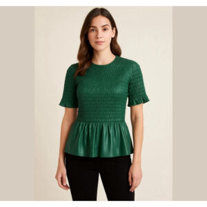 Zara women vegan leather smoked blouse pleated peplum design size M